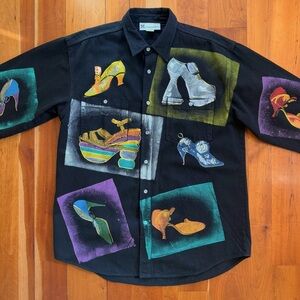 Vintage Hand Painted Black Shoes Button Up Shirt Set 80s Marguerita Fashion L